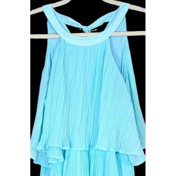 ZESICA Aqua Pleated Tiered Halter Midi Dress Women’s Size L Flowy Chiffon Ruffle - Picture 4 of 5